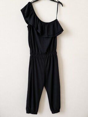 Event Black One-Shoulder Ruffle Jumpsuit with Elastic Waist & Tapered Legs SZ S